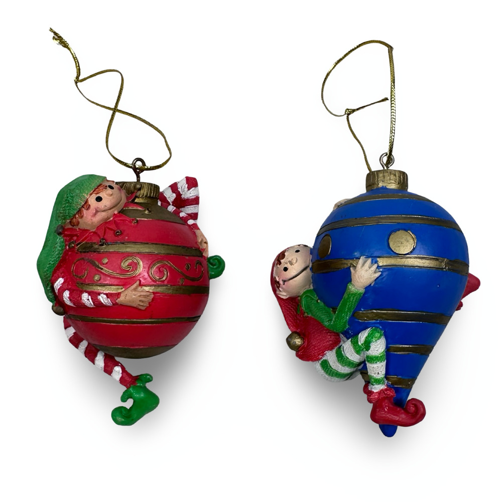 Vintage Christmas Elf Ornaments Red Blue Resin Hanging Holiday Decor Lot of 2